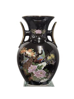 Vintage Black Ceramic Vase With Floral & Peacock Motif Gold Accents Decorative D